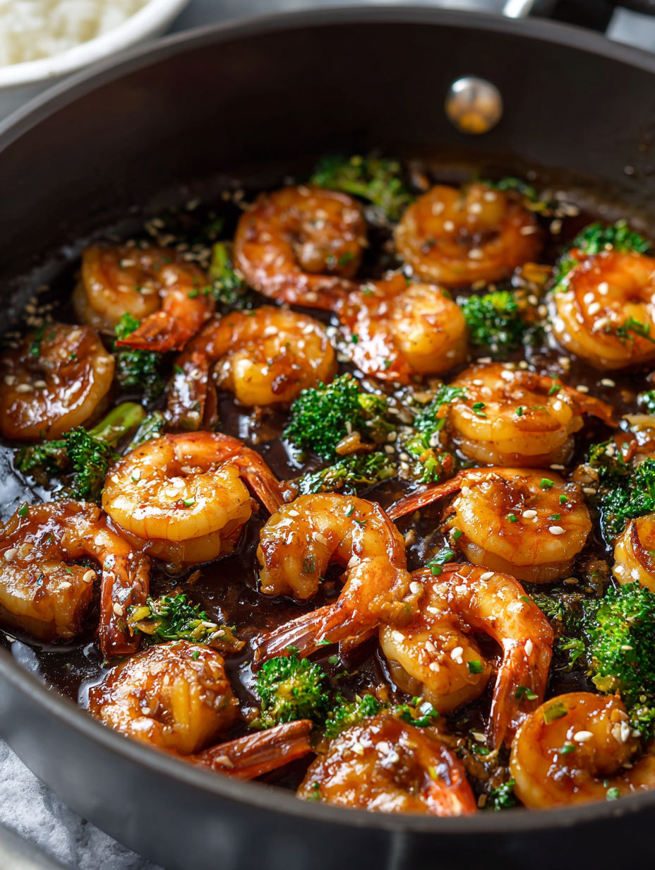 A pan of shrimp with garlic and honey.