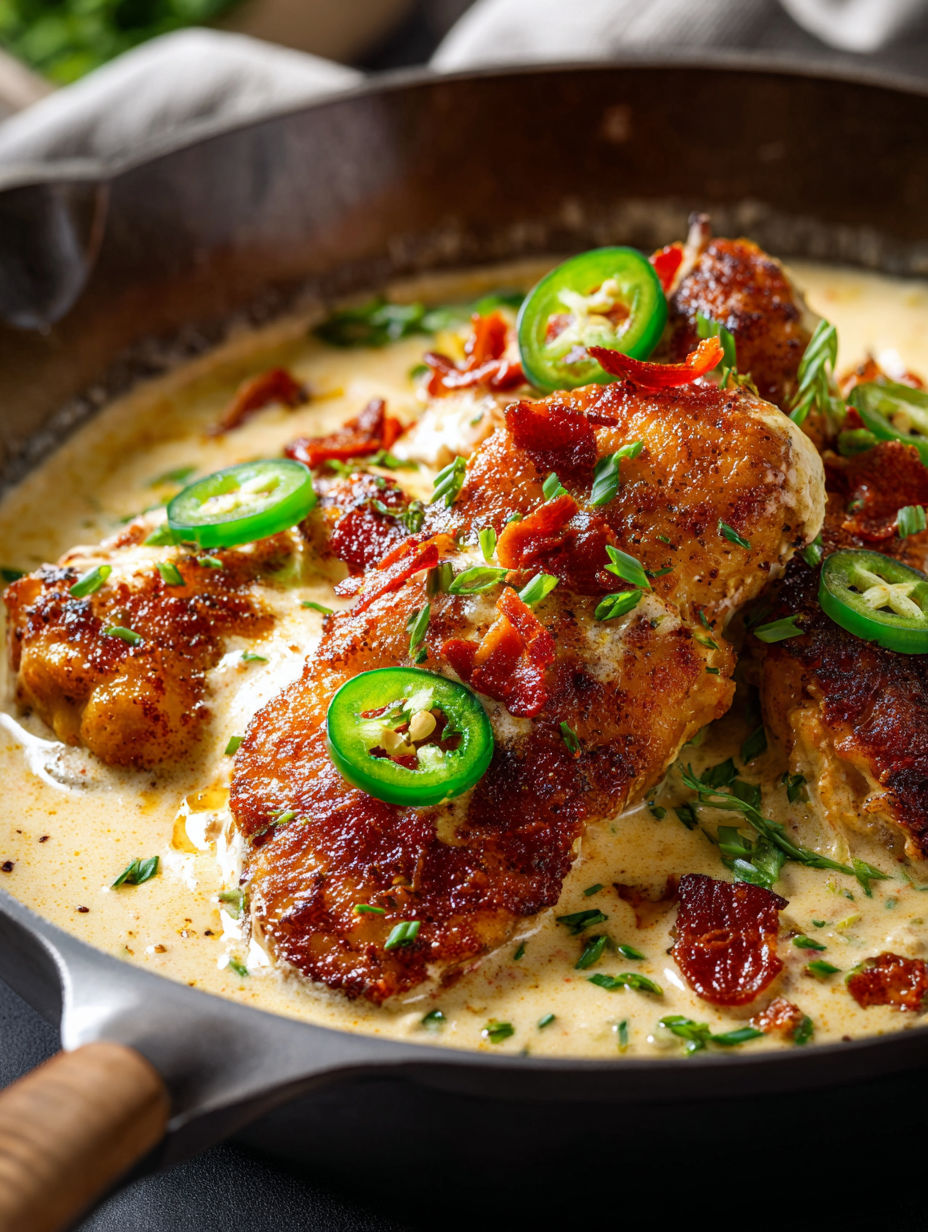A dish of chicken with jalapenos on top.