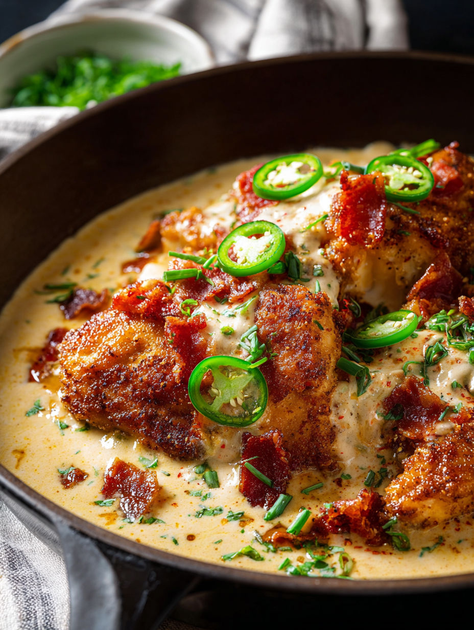 A bowl of chicken with jalapenos on top.
