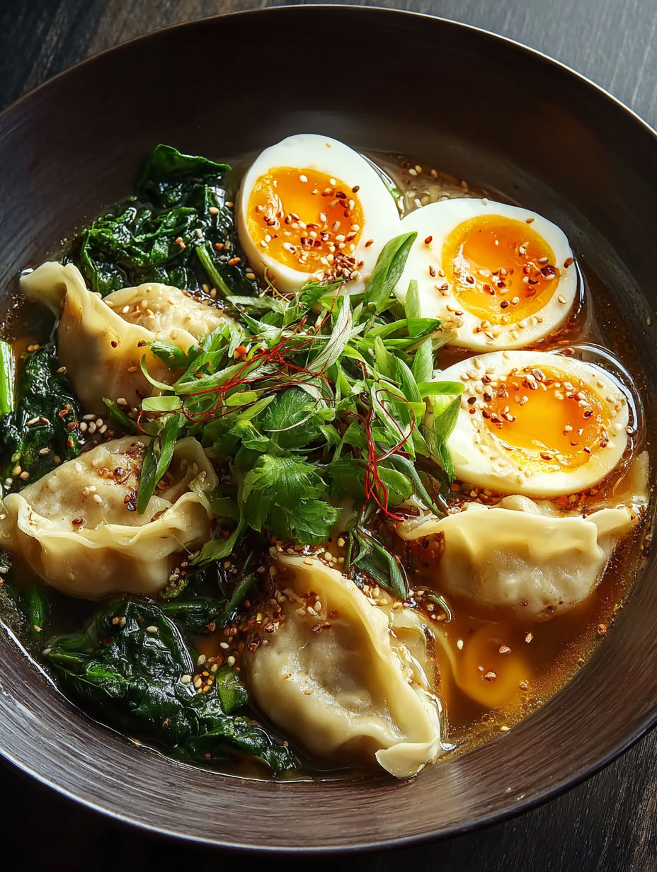 A bowl of soup with a savory dumpling and egg.