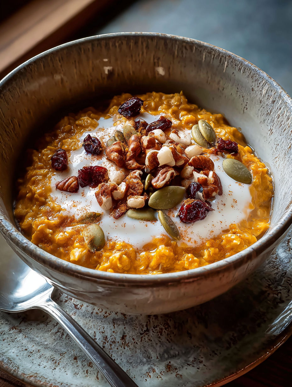 A bowl of warm spiced pumpkin oatmeal.
