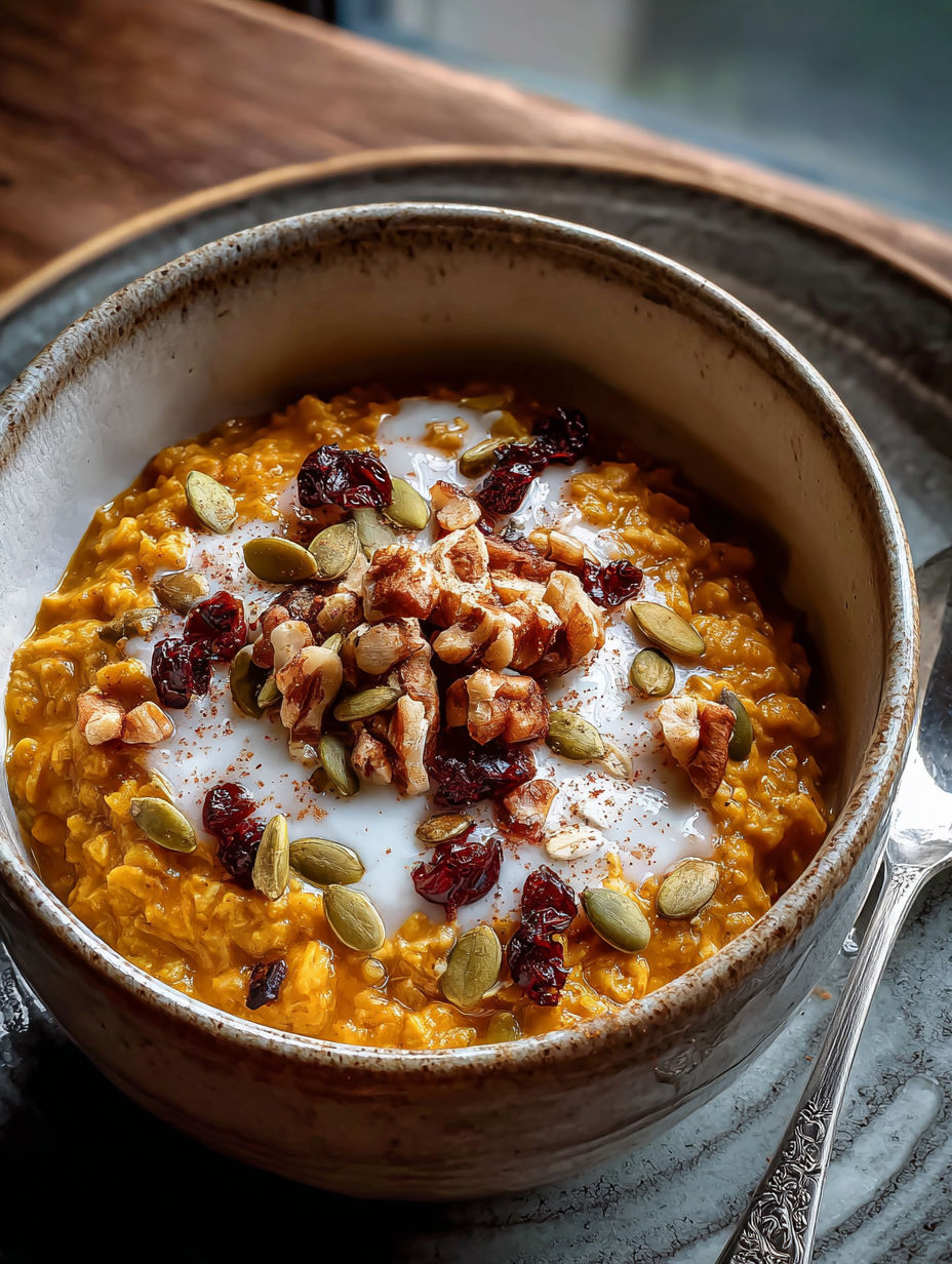 A bowl of warm spiced pumpkin oatmeal.