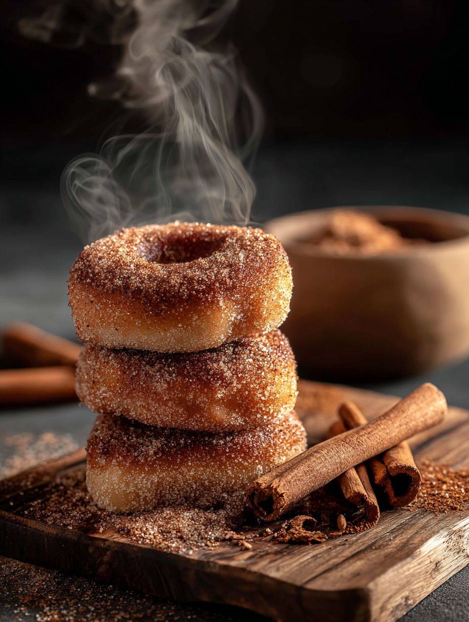 A stack of cinnamon donuts with smoke rising from them.