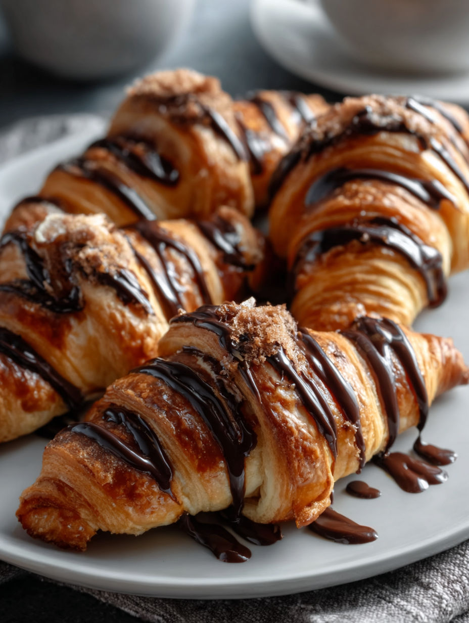 Chocolate drizzled croissants on a plate.