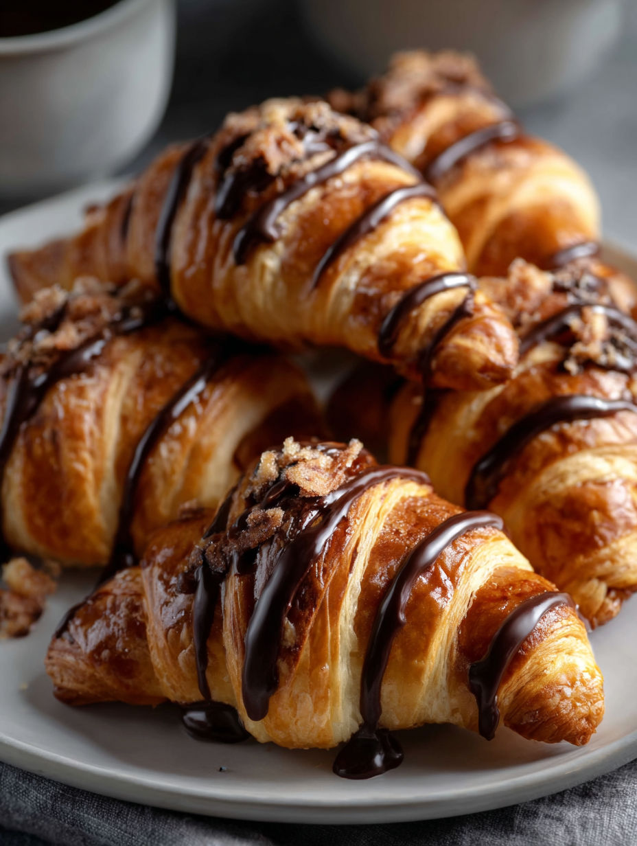 Chocolate drizzled croissants on a plate.
