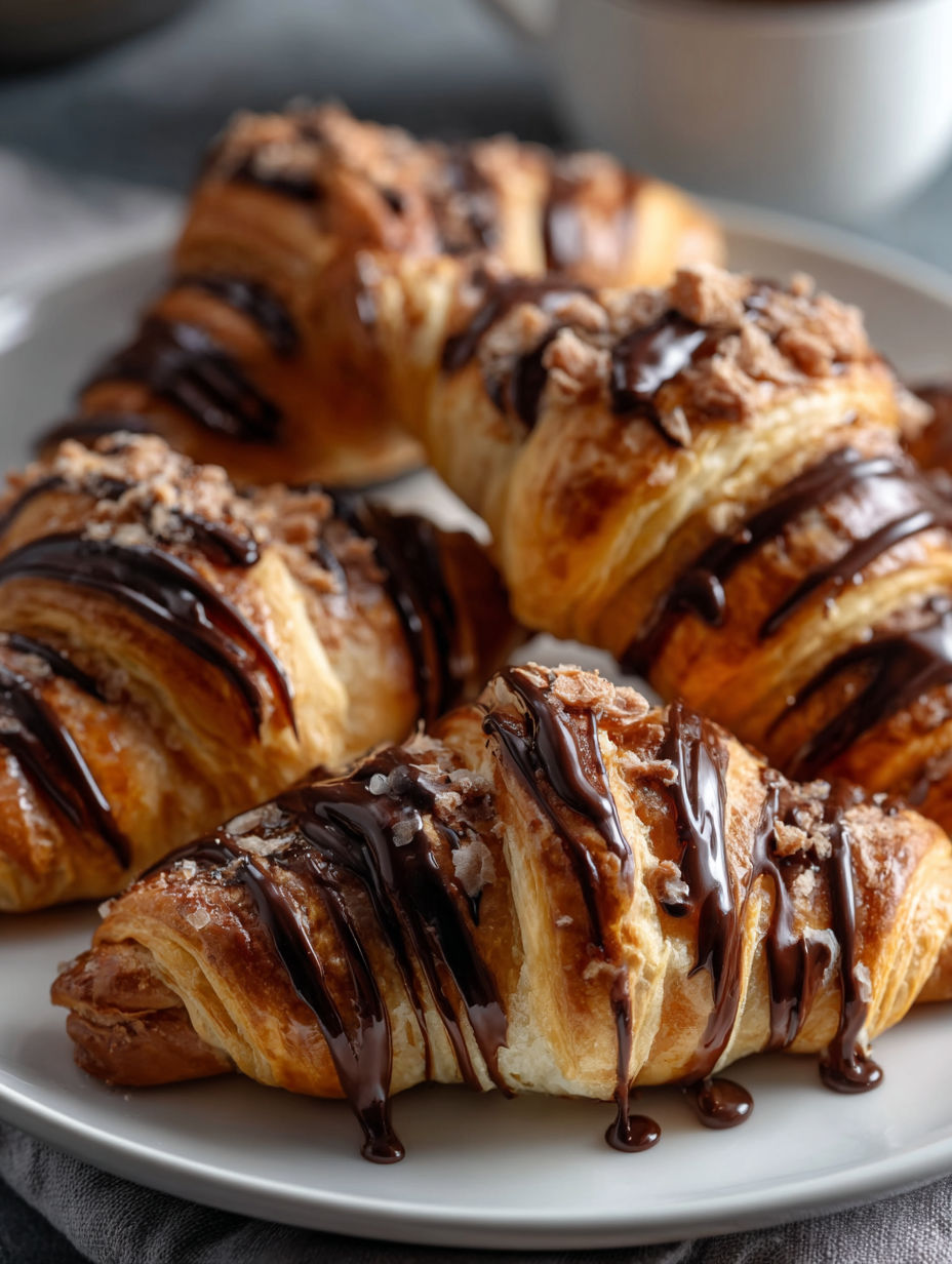 Chocolate drizzled croissants on a plate.