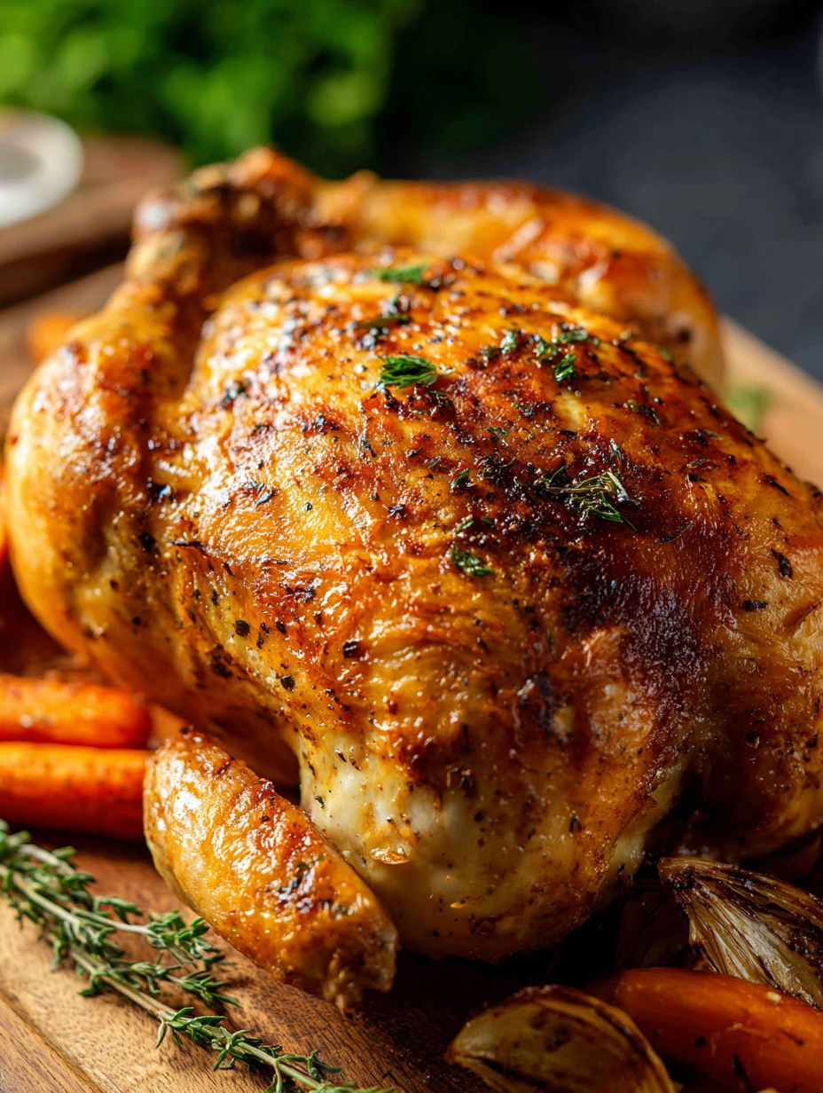 A roasted chicken with herbs and spices.