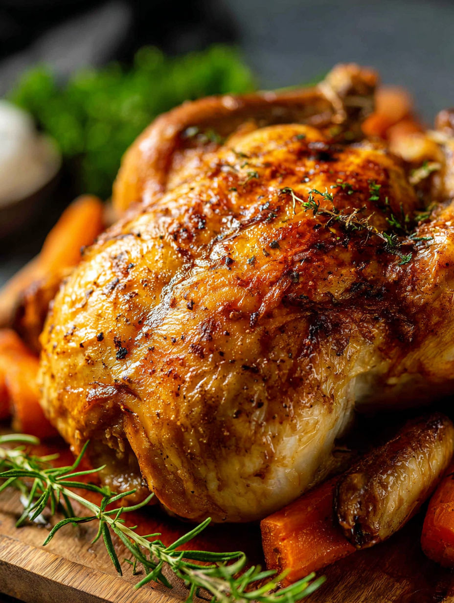 A roasted chicken with herbs and spices.