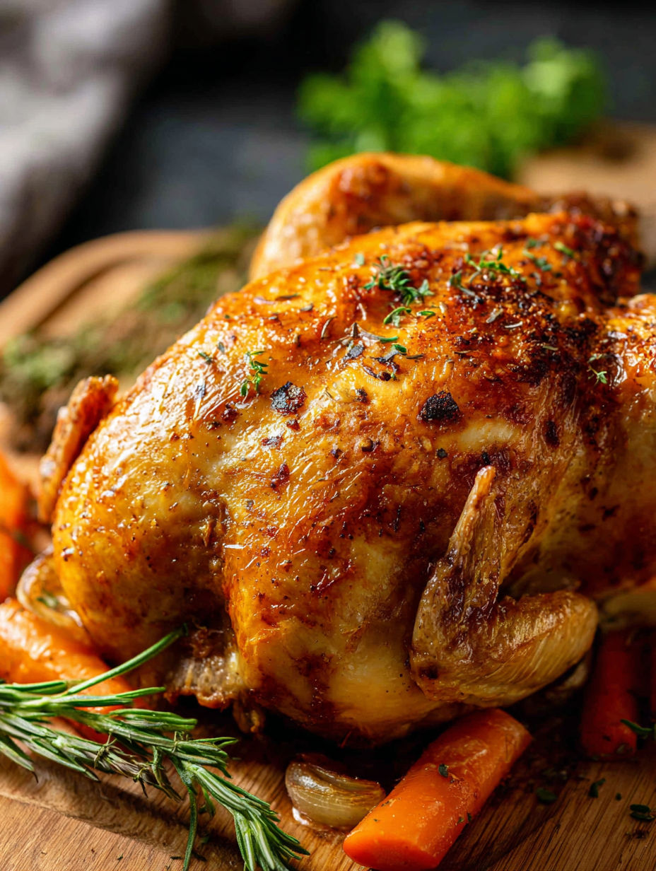 A roasted chicken with herbs and spices.