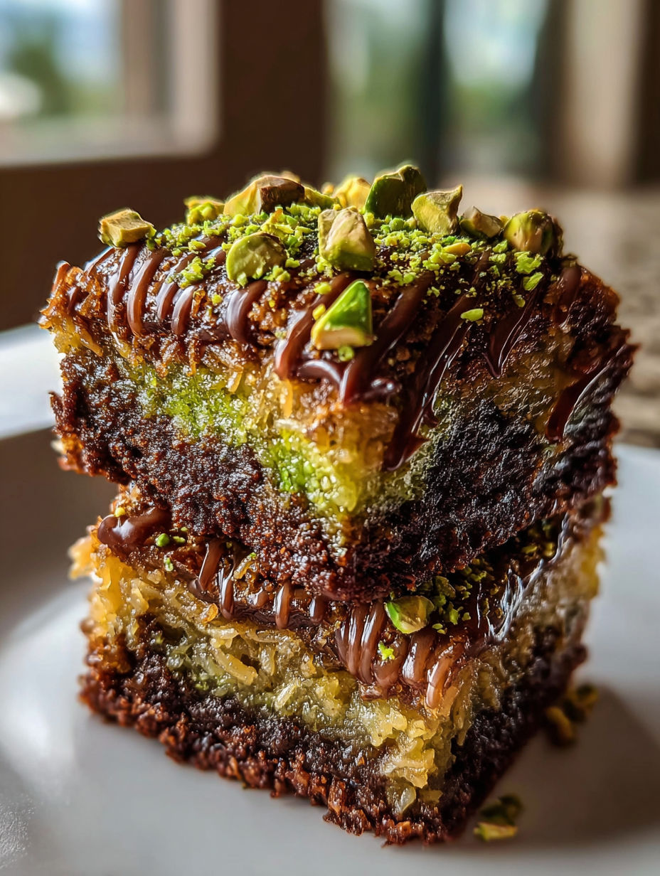 A slice of pistachio kunafa brownies.