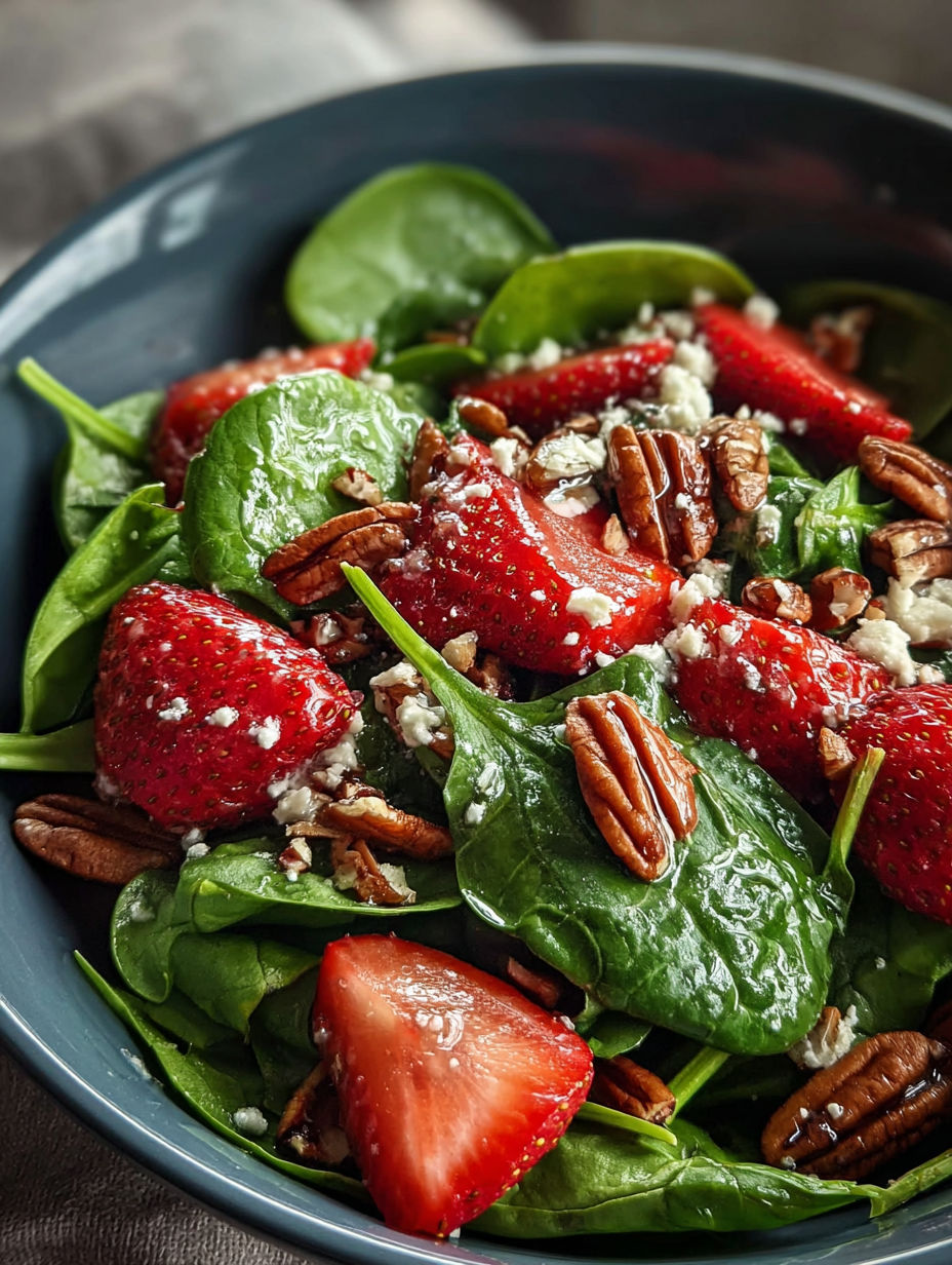 A bowl of spinach strawberry salad with pecans.