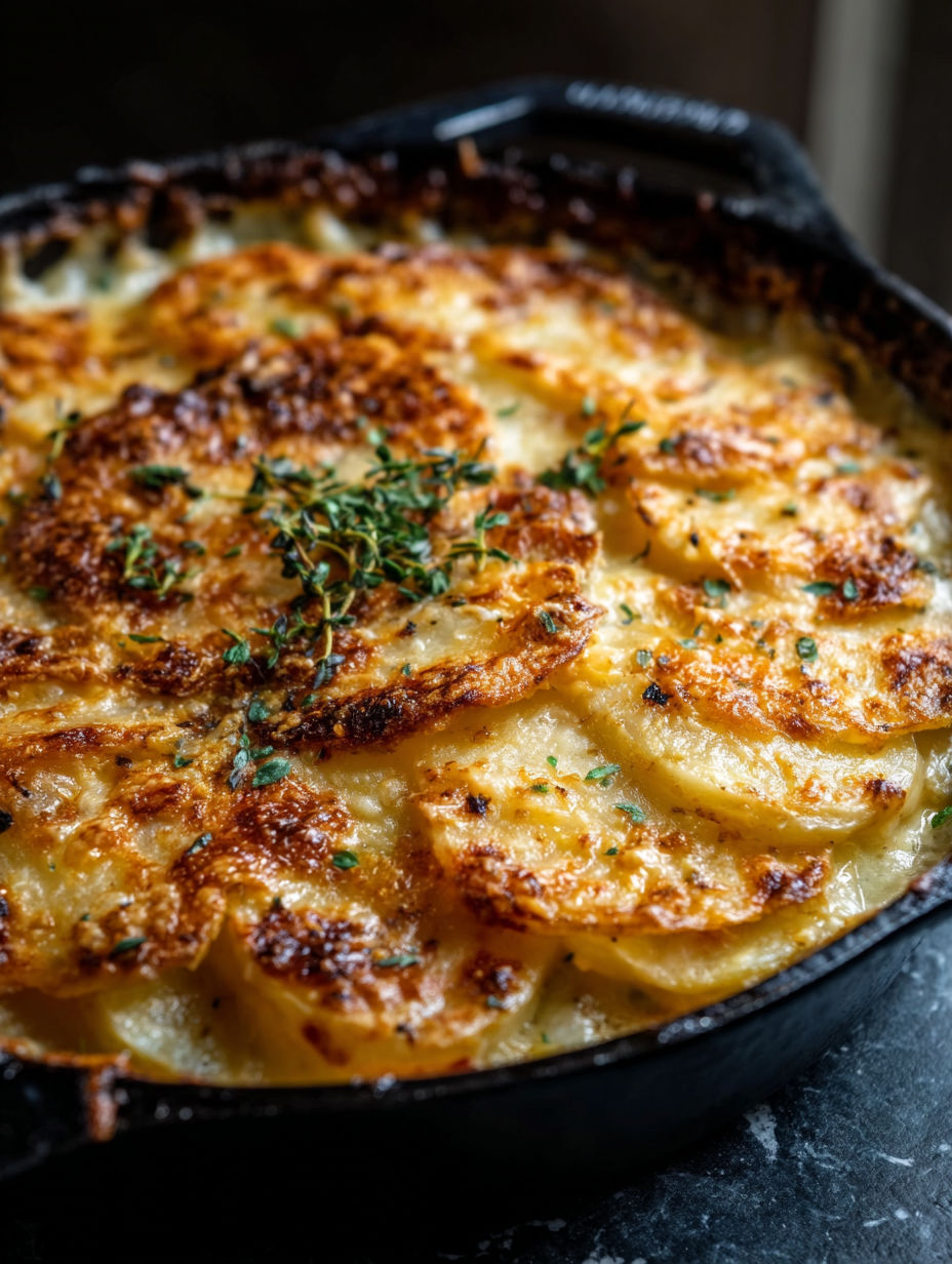 A potato gratin in a black pot.