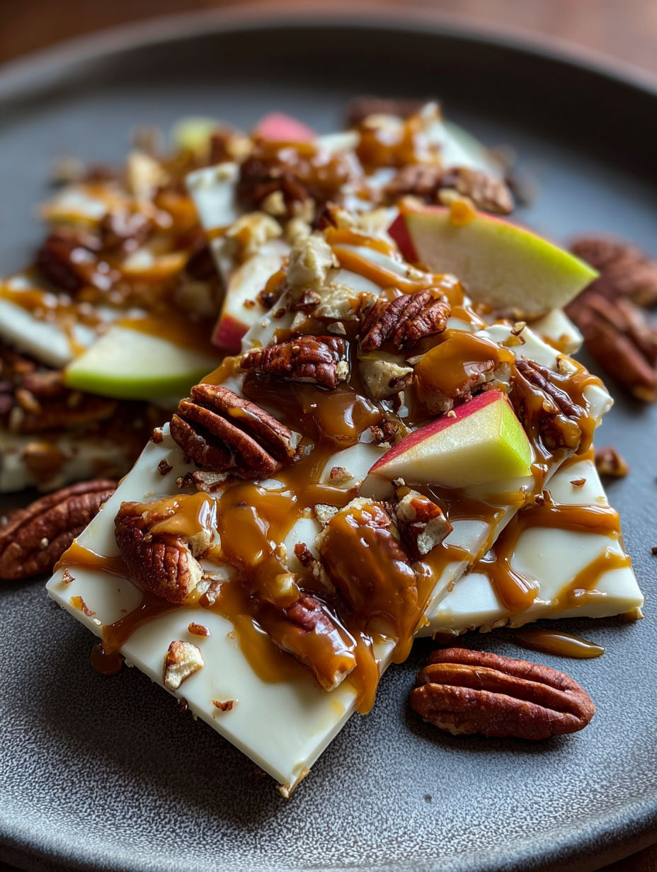 A close up of a caramel apple bark.