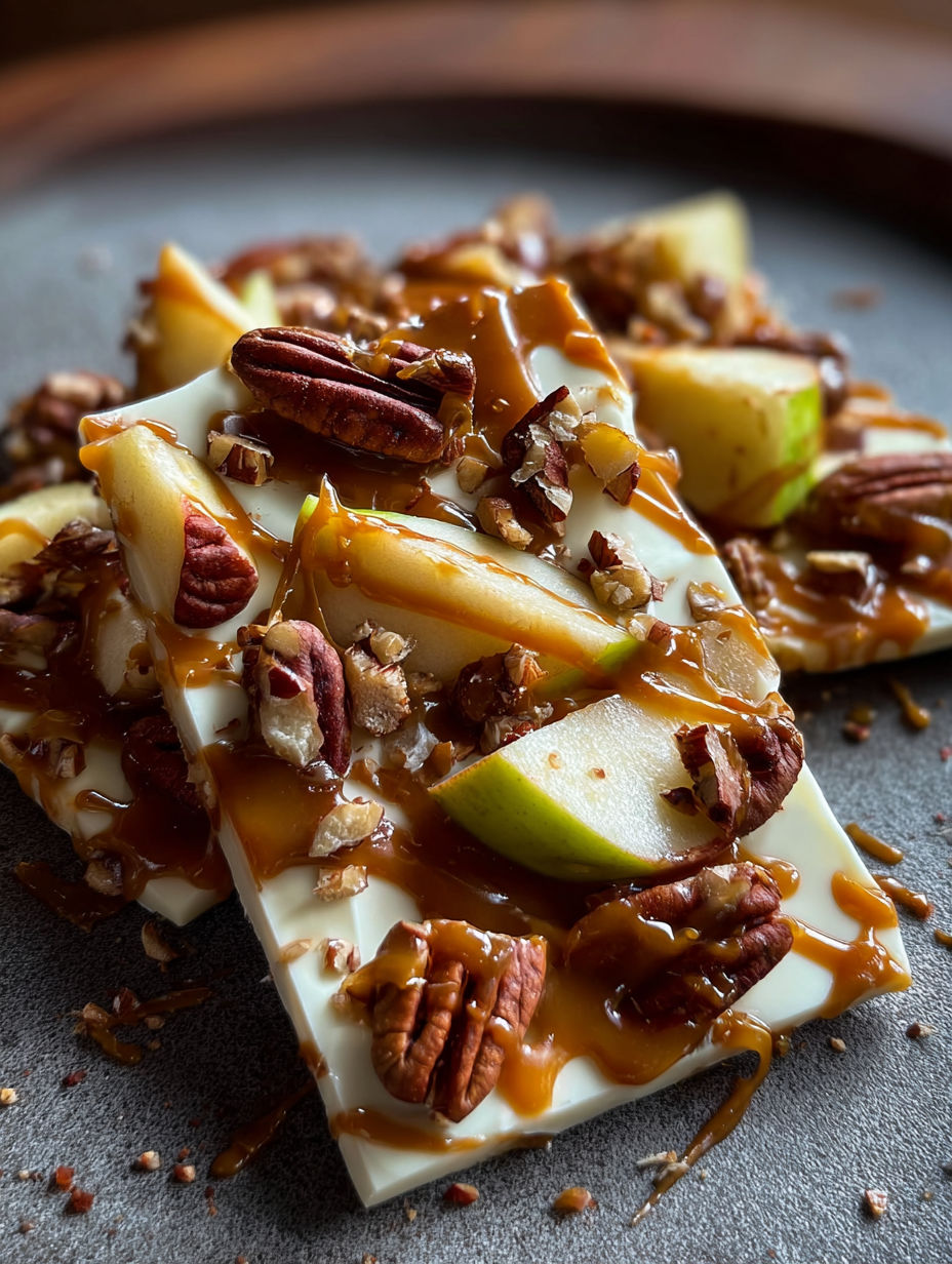 A close up of a caramel apple bark.