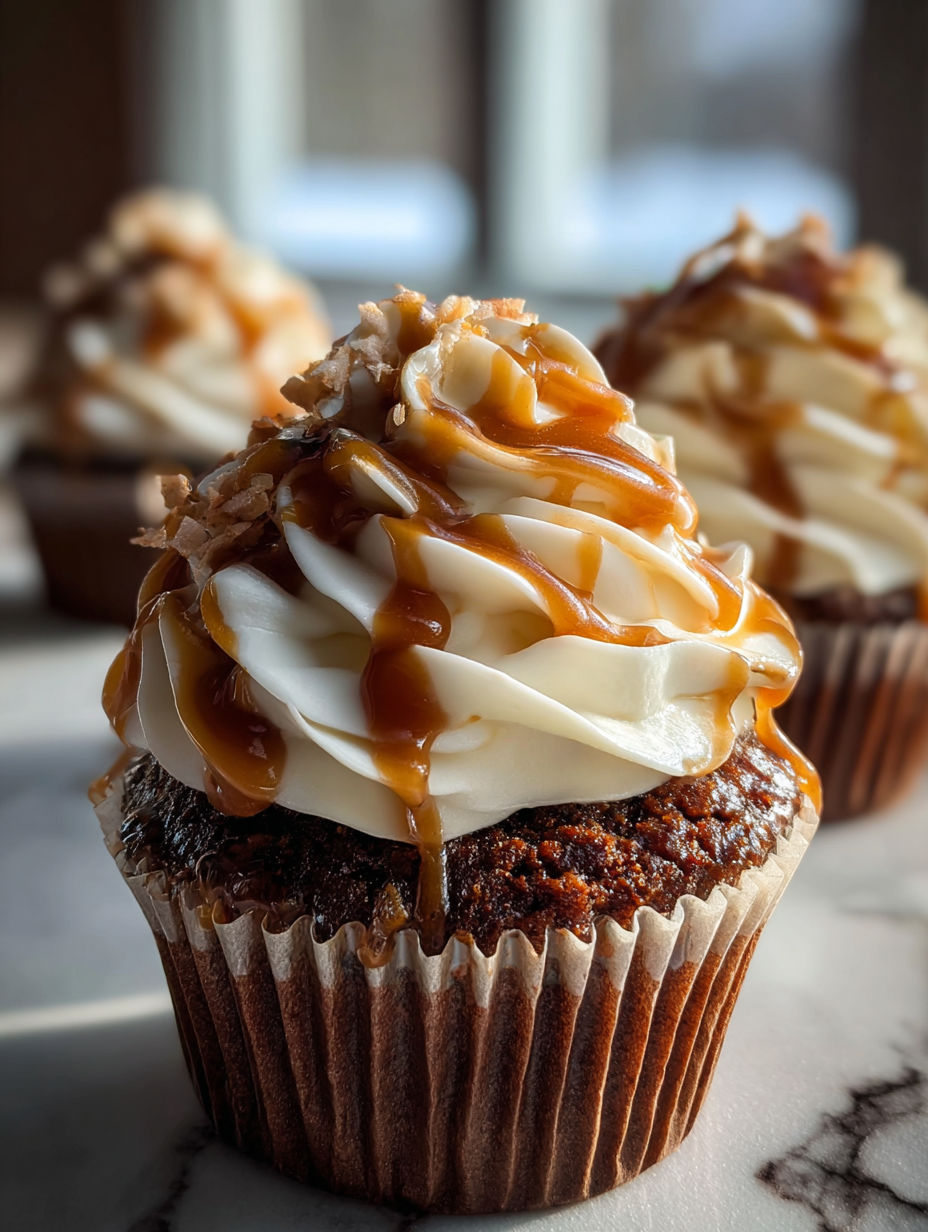 A cupcake with caramel sauce and whipped cream.