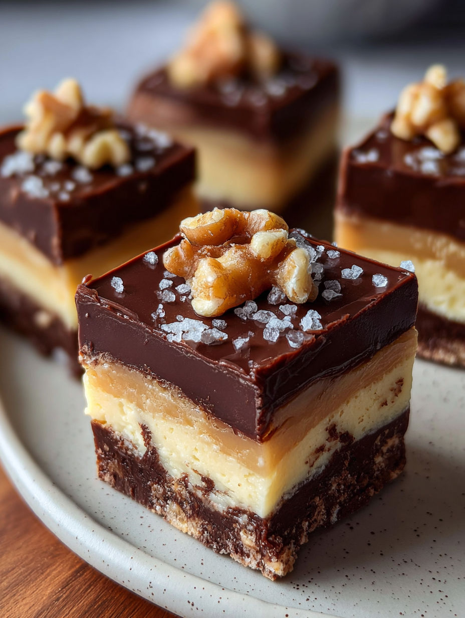 A square piece of chocolate cake with walnuts on top.