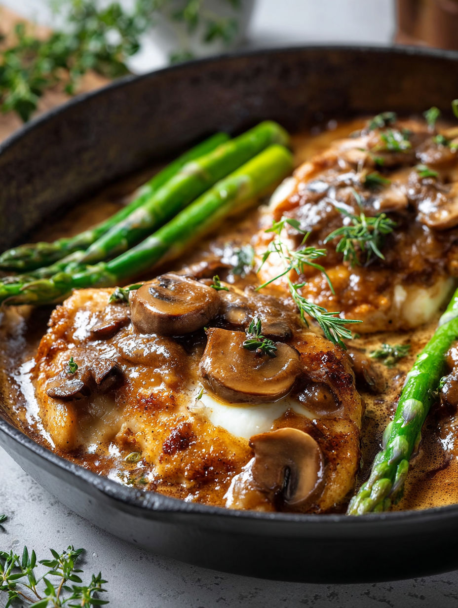 Chicken Madeira with mushrooms and asparagus.