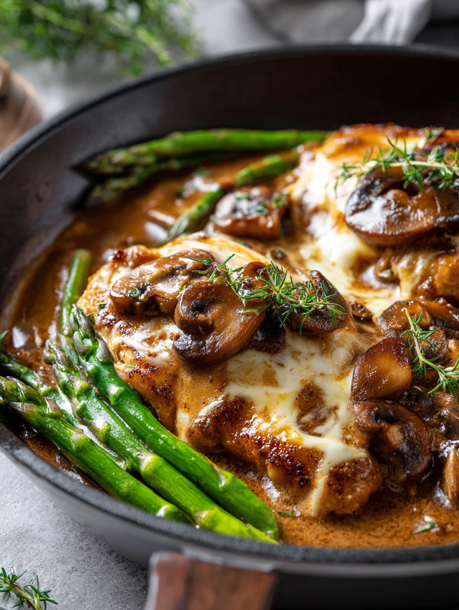 A dish of chicken Madeira with mushrooms and asparagus.
