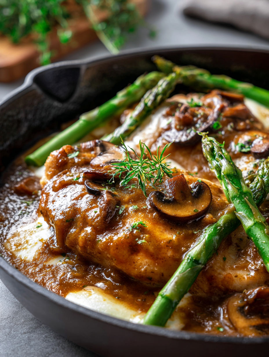 A dish of chicken Madeira with mushrooms and asparagus.