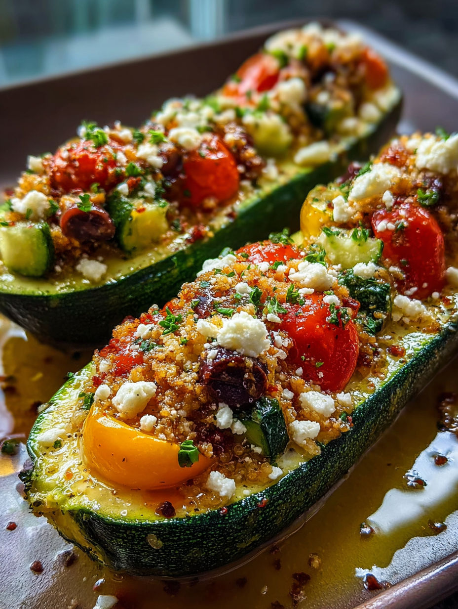 Two stuffed zucchinis with tomatoes and cheese.