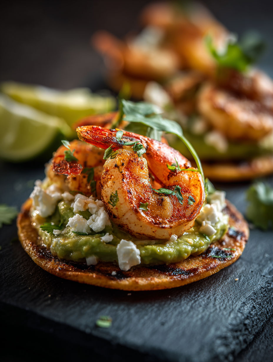 Grilled Shrimp Tostadas with Creamy Avocado.