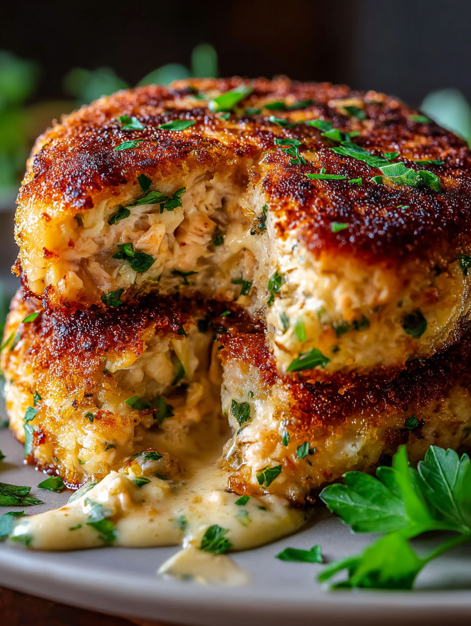 A close up of a tuna melt patty.