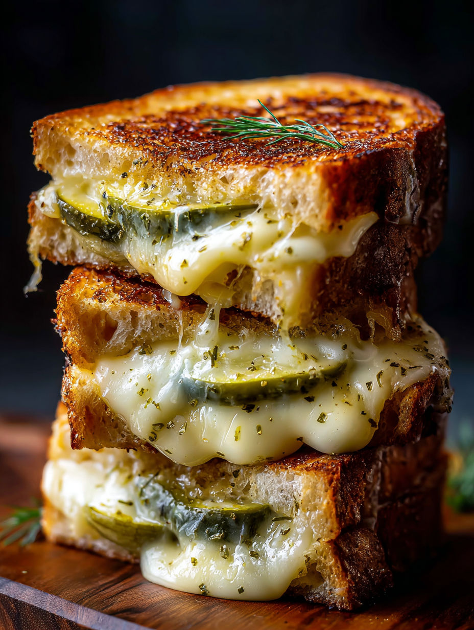 A stack of grilled cheese sandwiches with pickles on top.