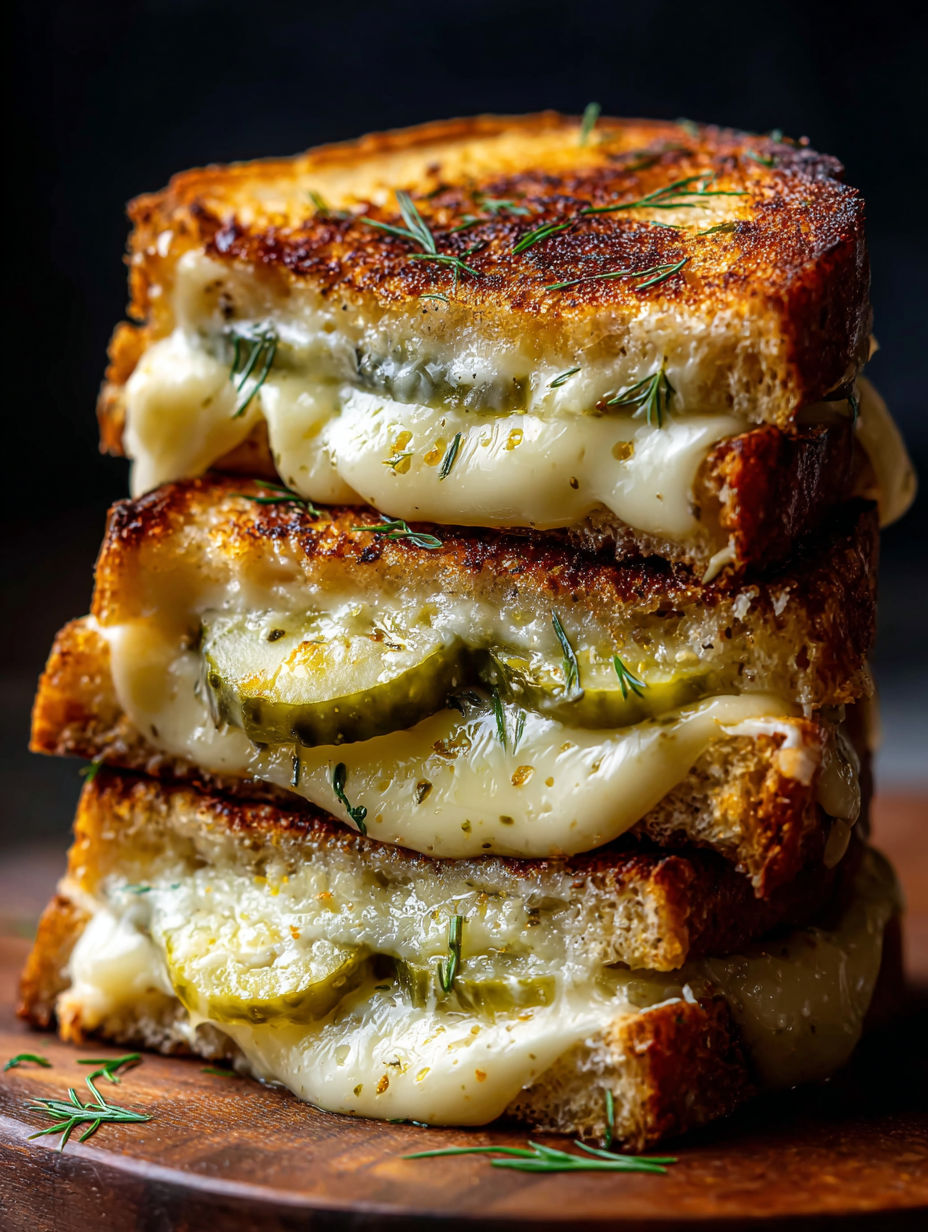 Three stacked grilled cheese sandwiches with dill pickles.
