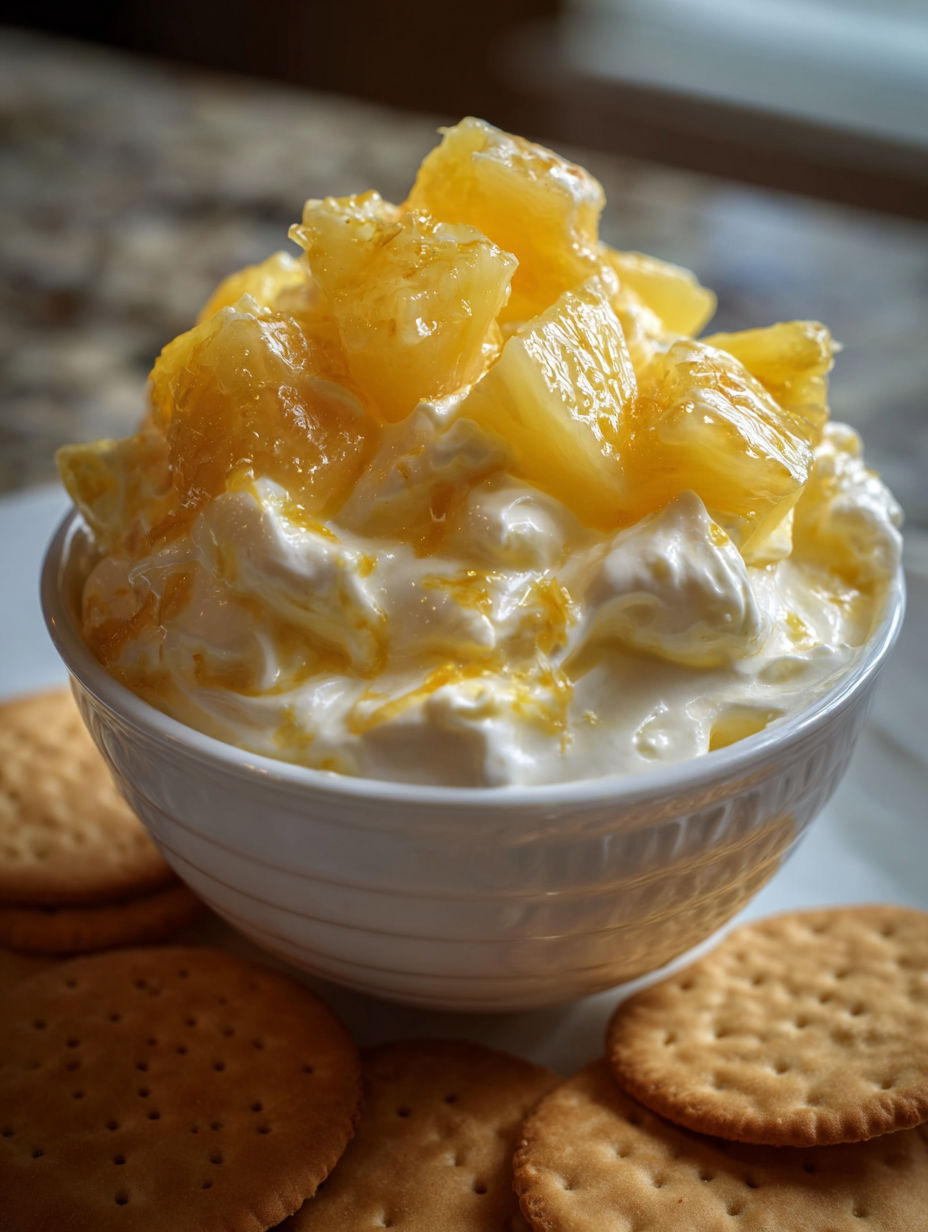 A bowl of pineapple dip with Nilla wafers on the side.