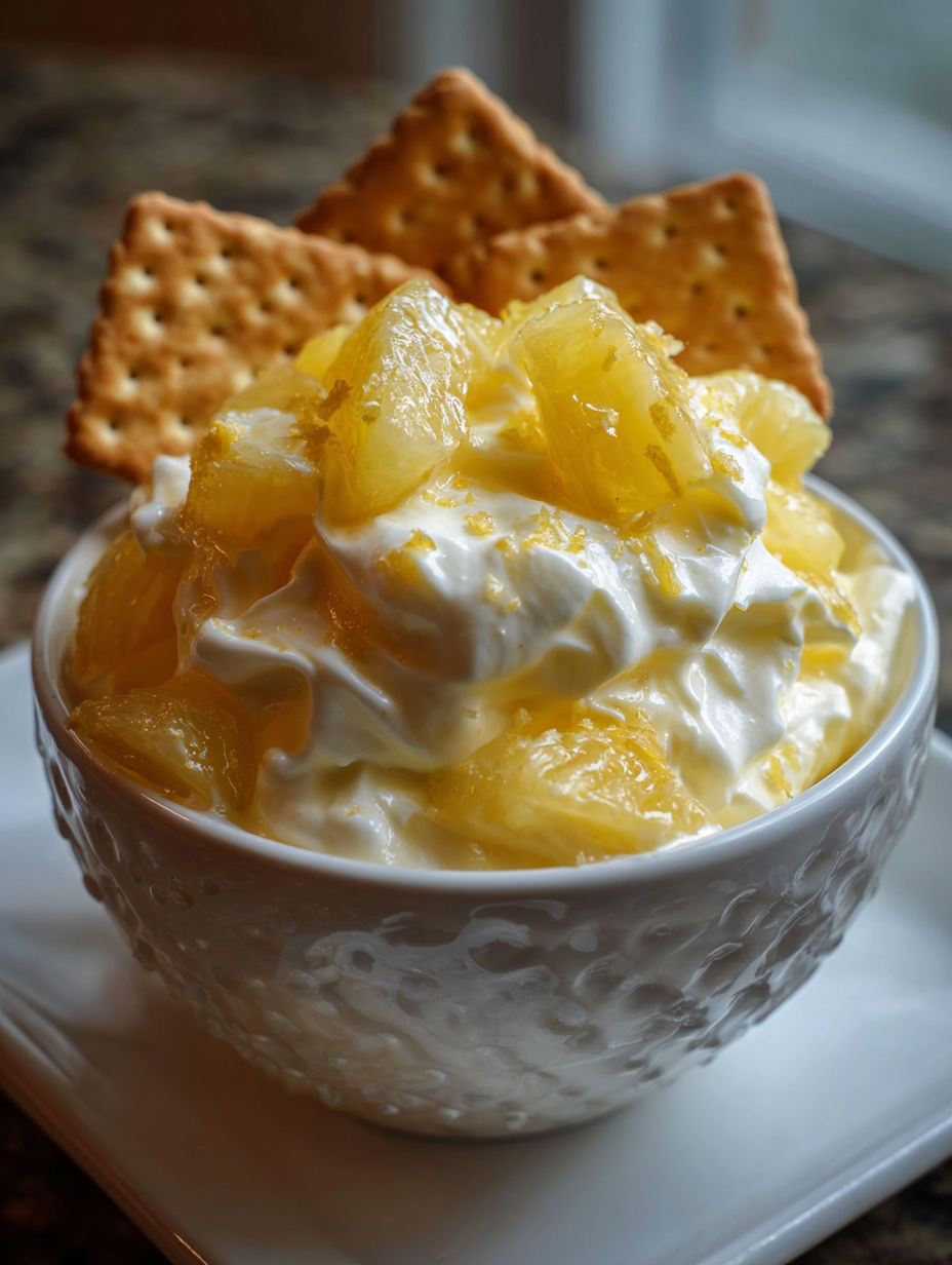 A bowl of pineapple dip with Nilla wafers on top.