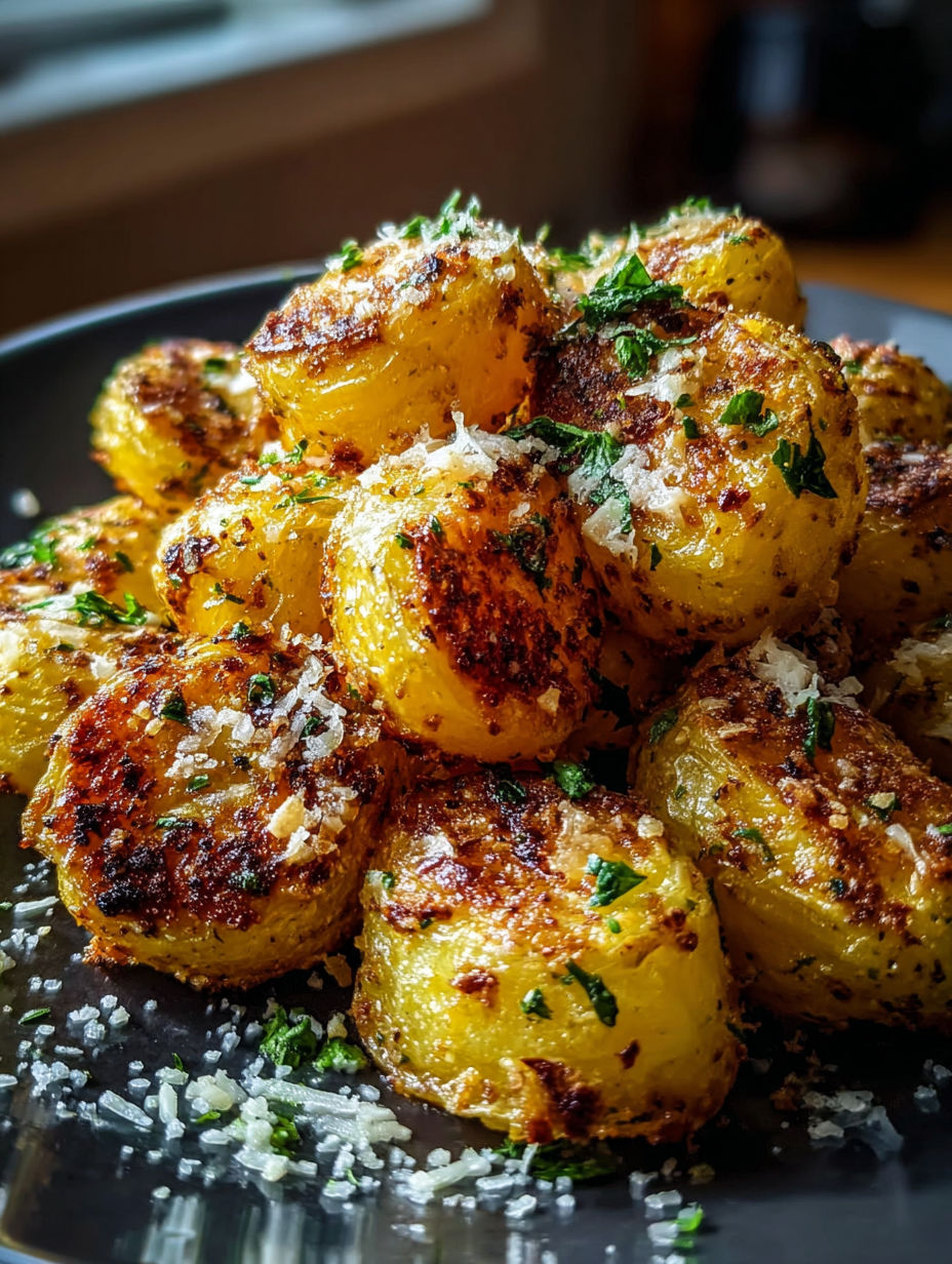 A plate of crispy Parmesan potatoes.
