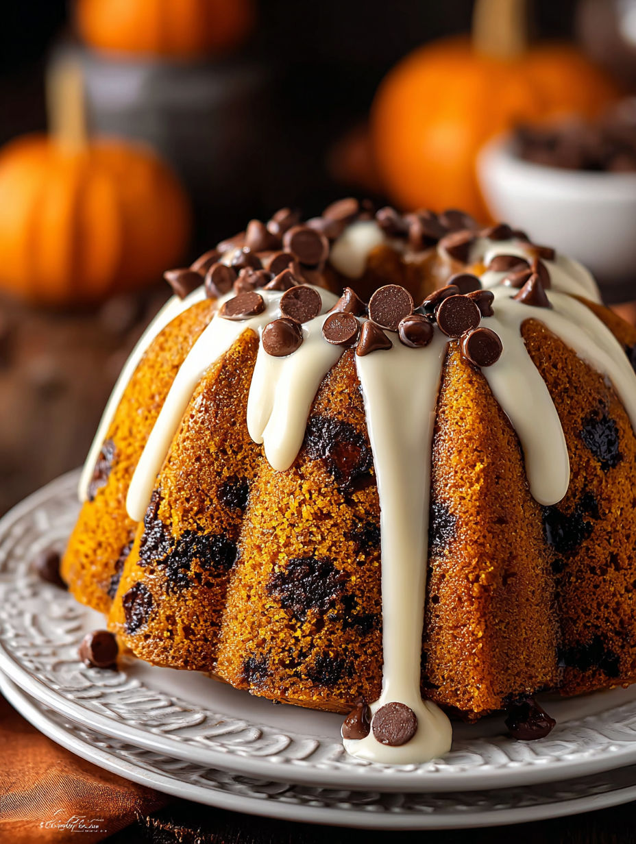 A bundt cake with chocolate chips and white frosting.