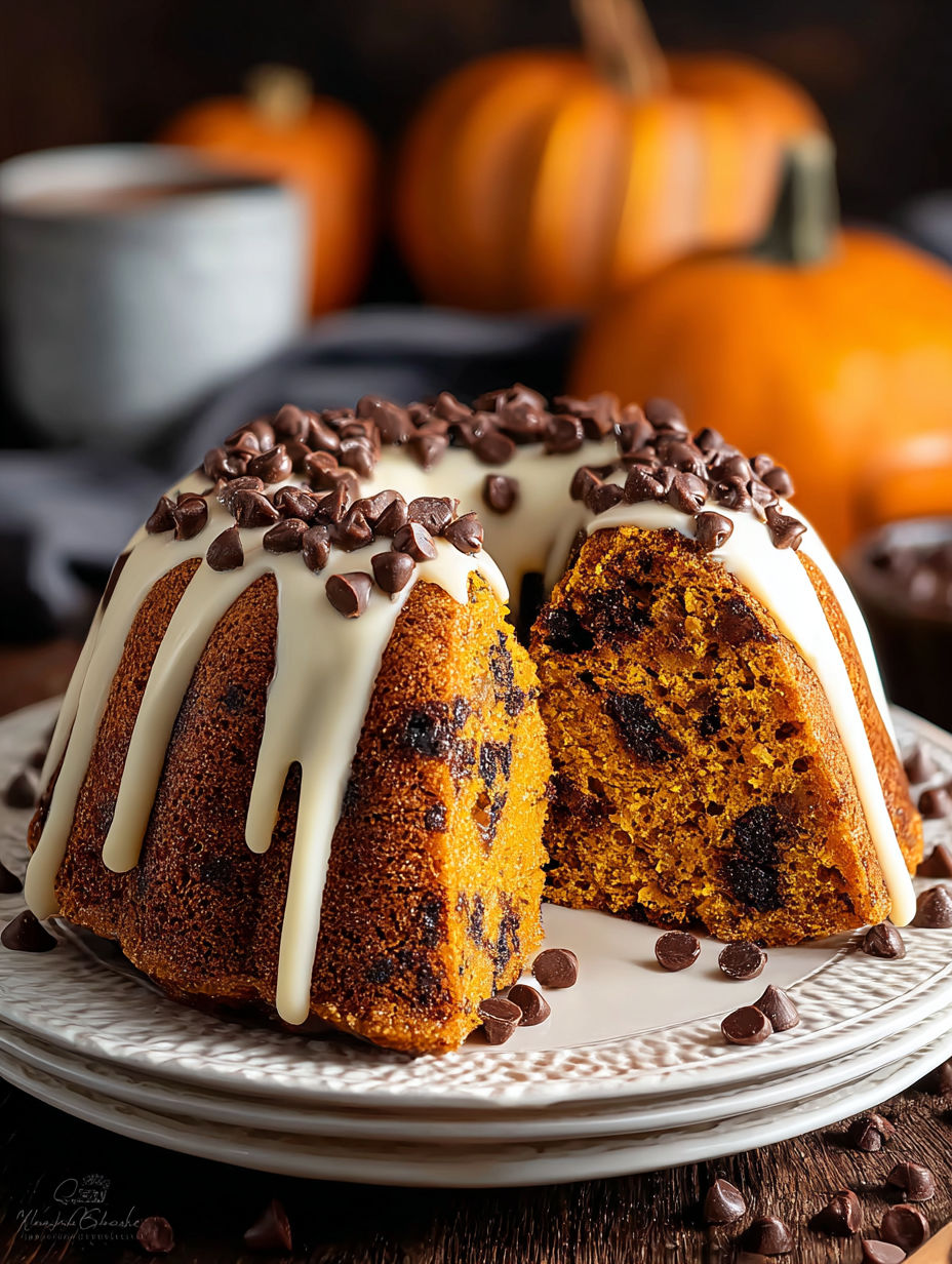 A bundt cake with chocolate chips and pumpkin.