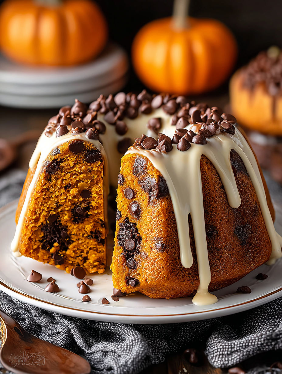 A bundt cake with chocolate chips and pumpkin.