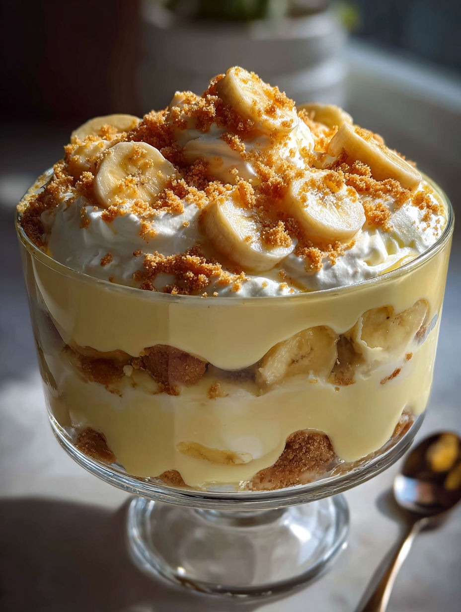 A glass bowl filled with banana pudding.