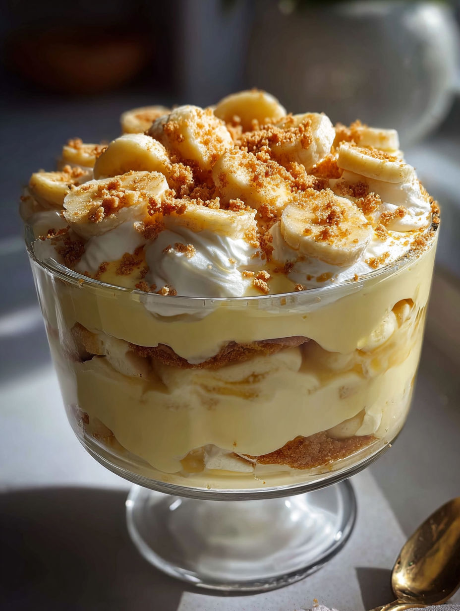 A glass bowl filled with banana pudding.