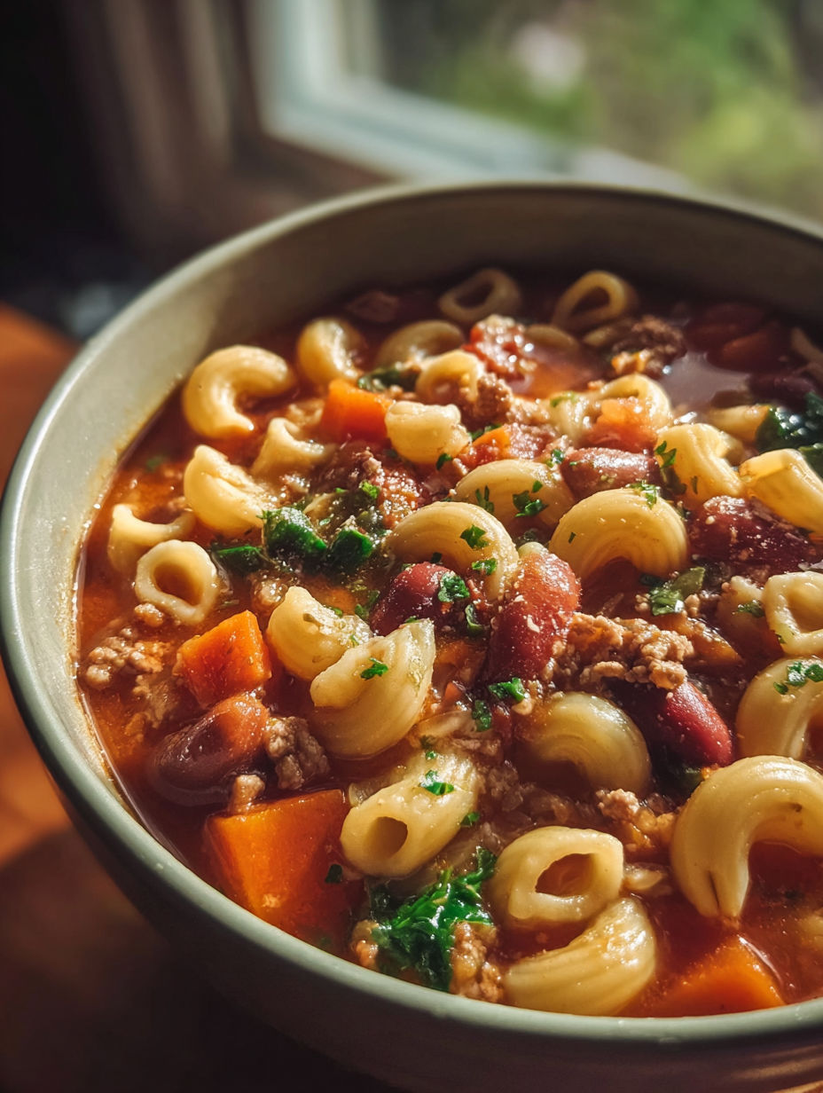 A bowl of pasta e fagioli.
