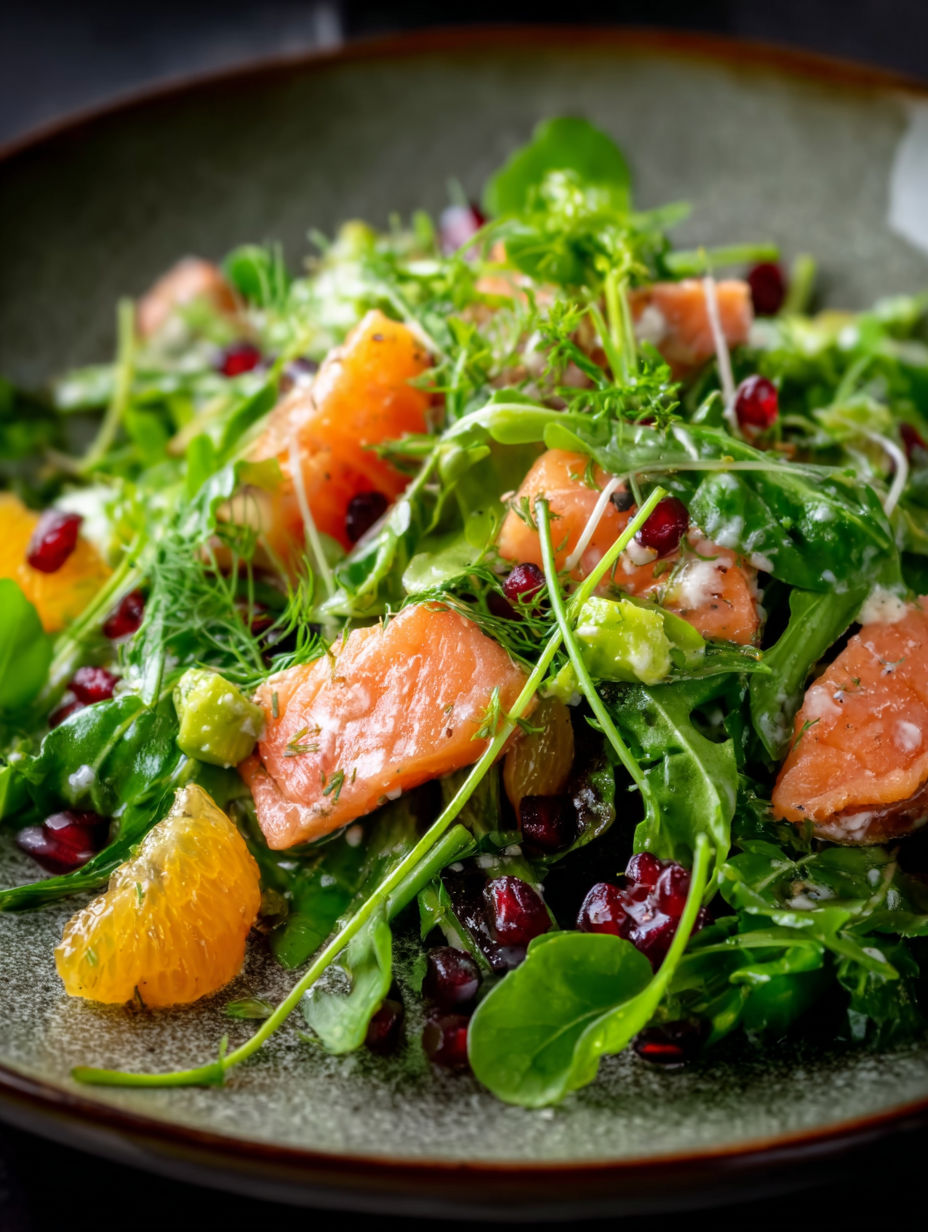 A salad with salmon and watercress.