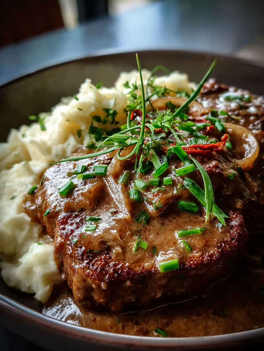 A close up of a delicious crock pot cube steak with cream of celery.