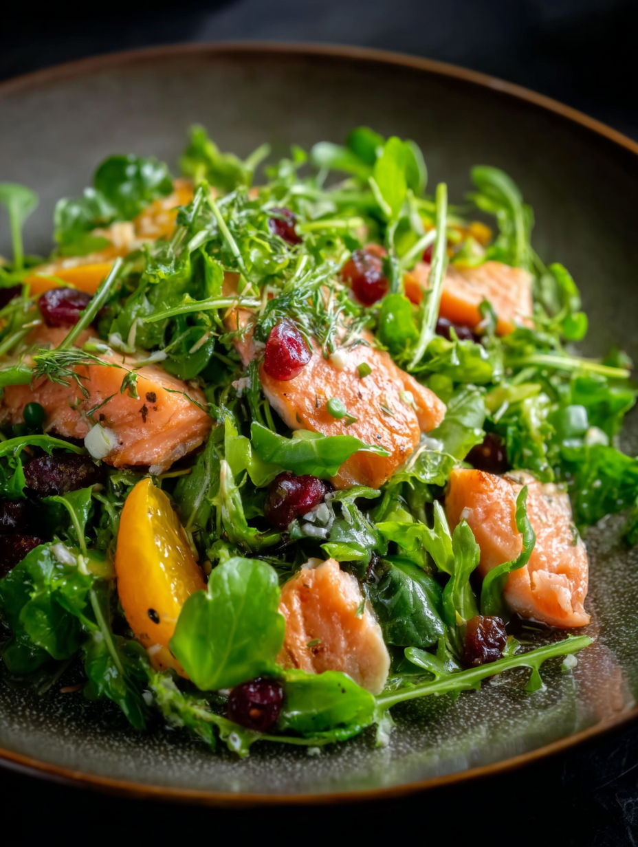 A bowl of salad with salmon and watercress.