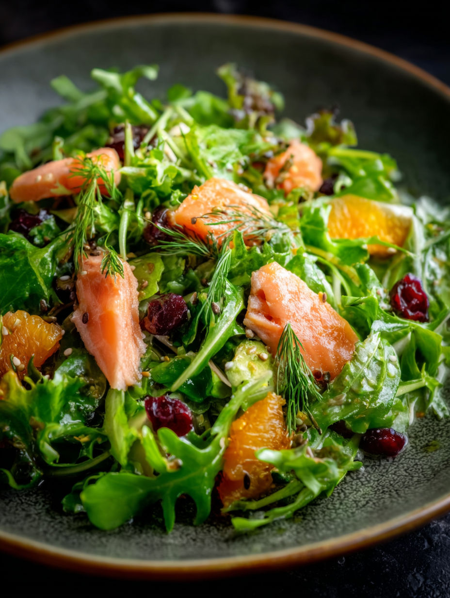 A bowl of salad with salmon and watercress.