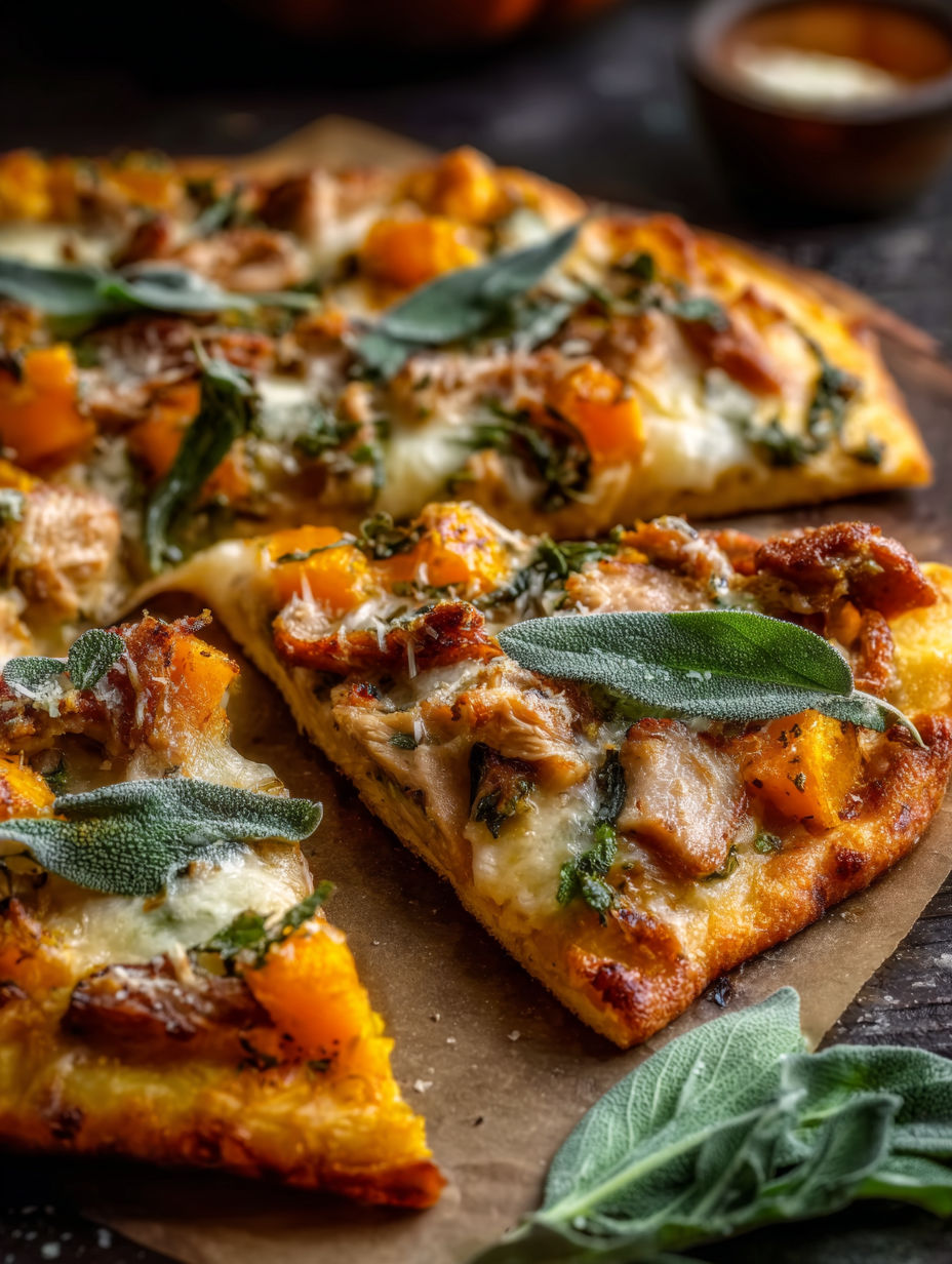 A pizza with pumpkin, turkey, and sage on top.