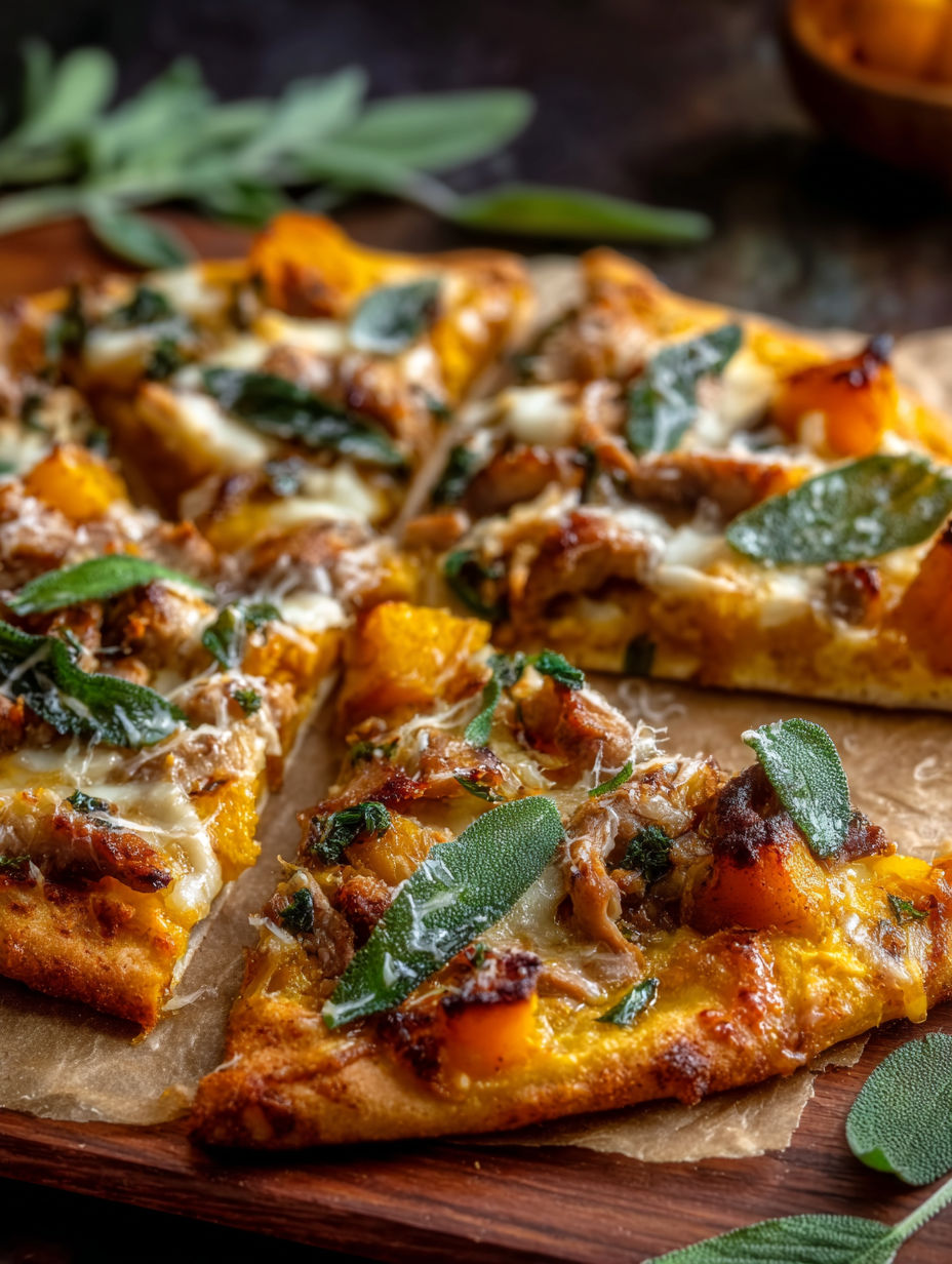 A slice of savory pumpkin pizza with turkey and sage.