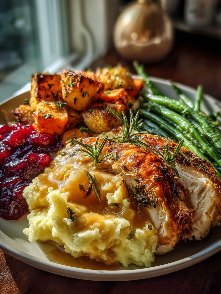 A plate of food with a turkey, potatoes, and green beans.