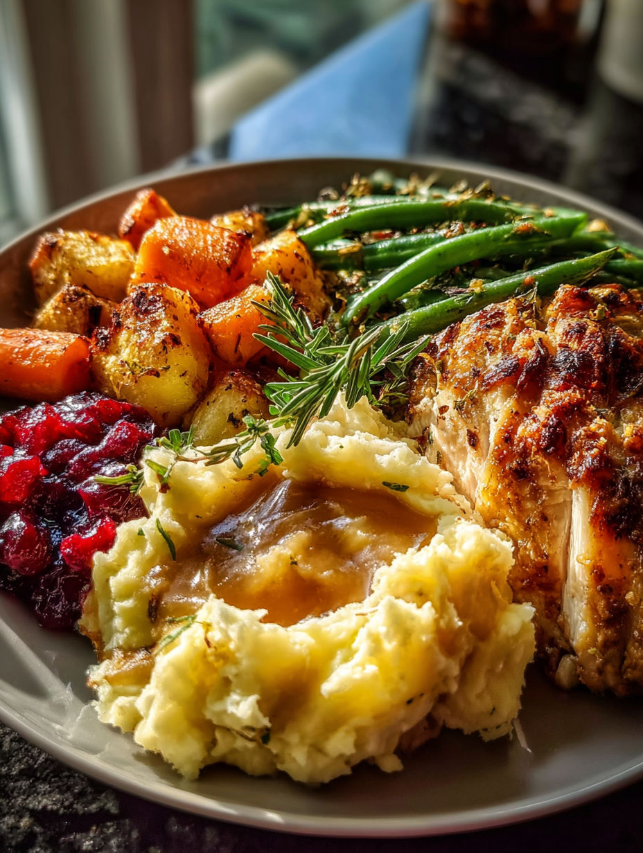 A plate of food with a turkey and potatoes.