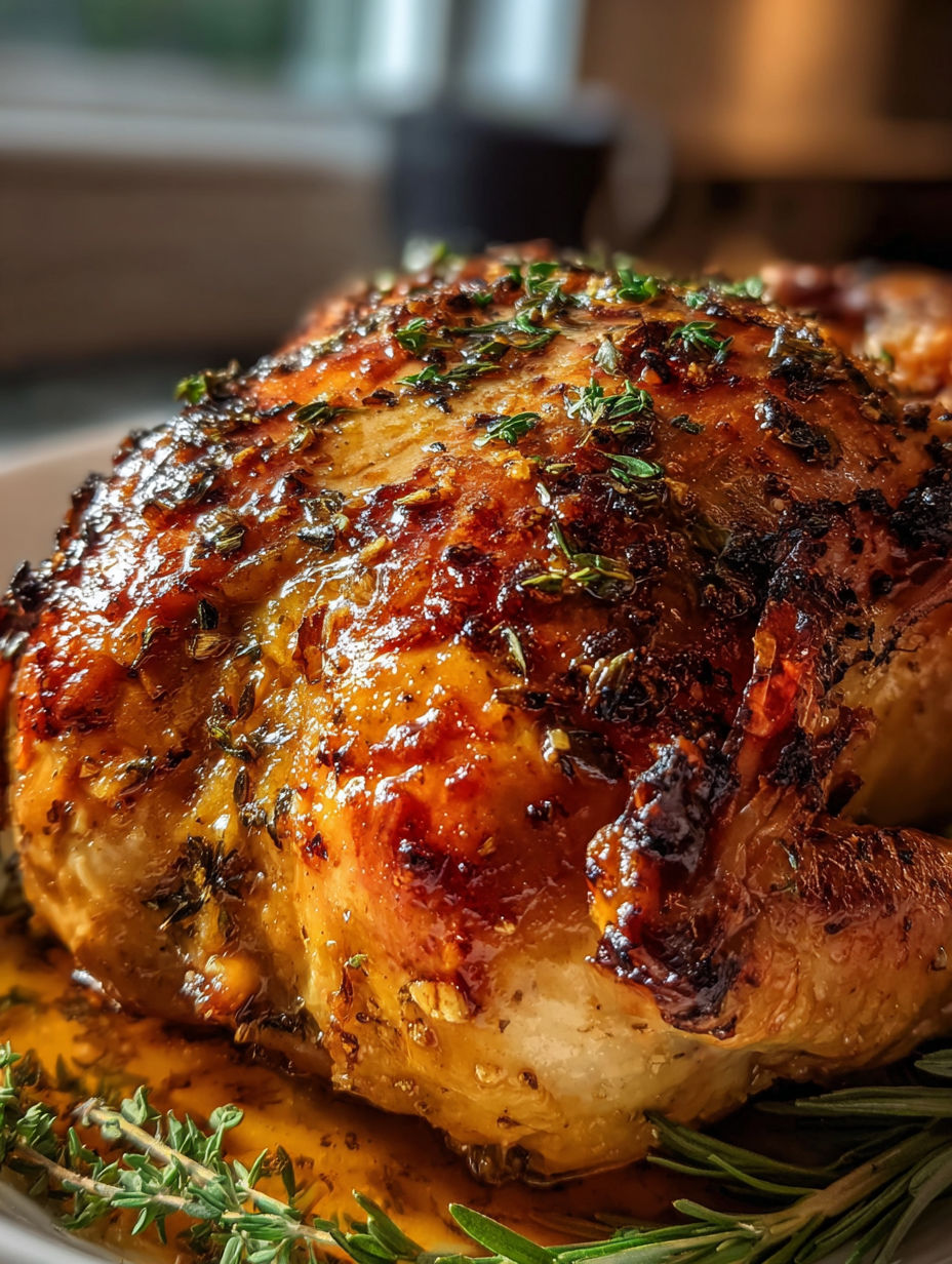 A close up of a cooked turkey with herbs and spices.