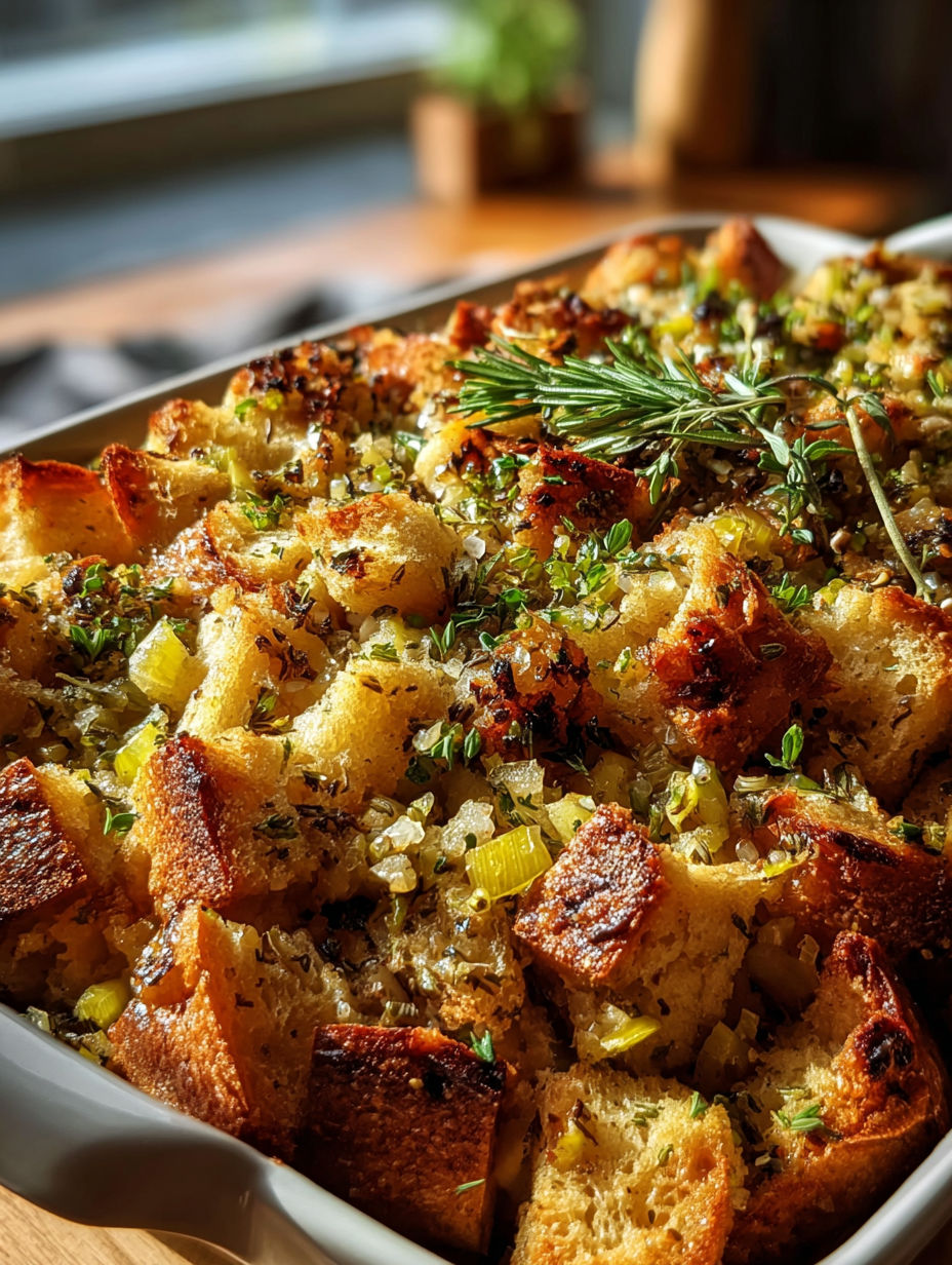 A white dish filled with a delicious Thanksgiving dressing.