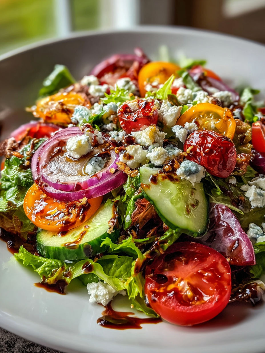 A salad with tomatoes, cucumbers, onions, and blue cheese.