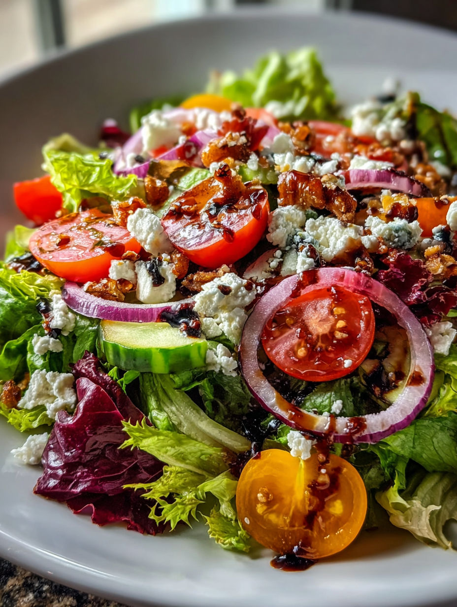 A salad with tomatoes, lettuce, onions, and cheese.