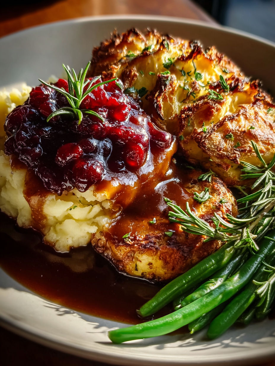 A plate of food with potatoes, cranberry sauce, and stuffing.